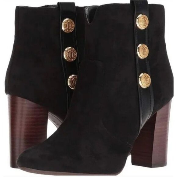 Tommy Hilfiger Shoes - Tommy Hilfiger Domain 3 Black Suede Short Boots W/ Gold Buttons & Side Zippers S